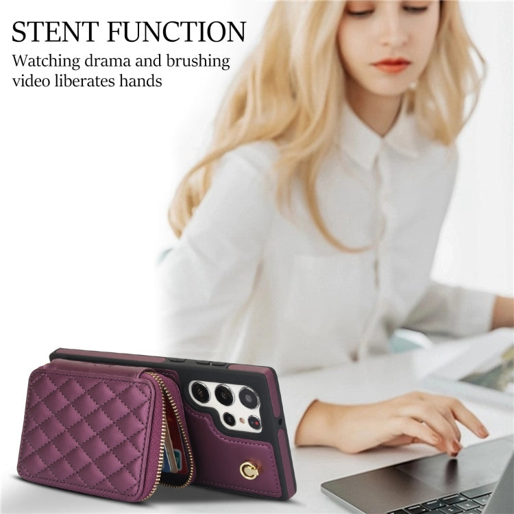 For Samsung Galaxy S23 Ultra 5G AwQuer Crossbody Zipper Wallet Rhombic Leather Back Phone Case(Dark Purple)