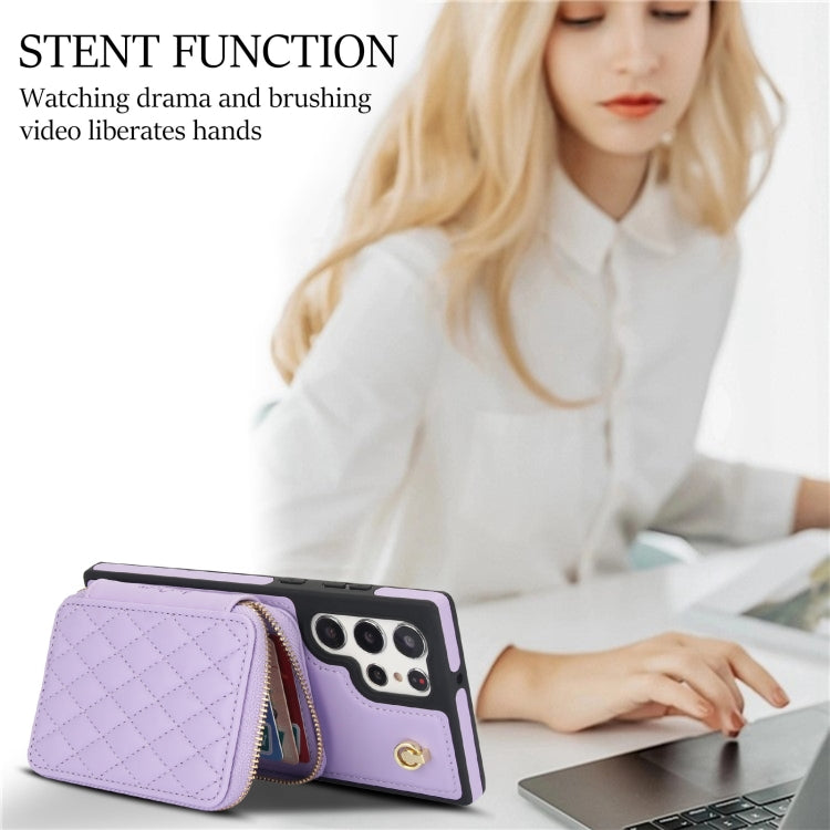 For Samsung Galaxy S23 Ultra 5G AwQuer Crossbody Zipper Wallet Rhombic Leather Back Phone Case(Purple)