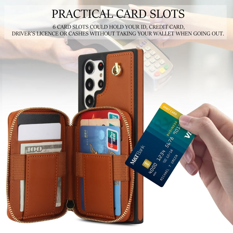 For Samsung Galaxy S23 Ultra 5G AwQuer Crossbody Zipper Wallet Rhombic Leather Back Phone Case(Brown)