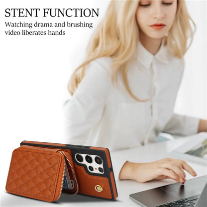 For Samsung Galaxy S23 Ultra 5G AwQuer Crossbody Zipper Wallet Rhombic Leather Back Phone Case(Brown)