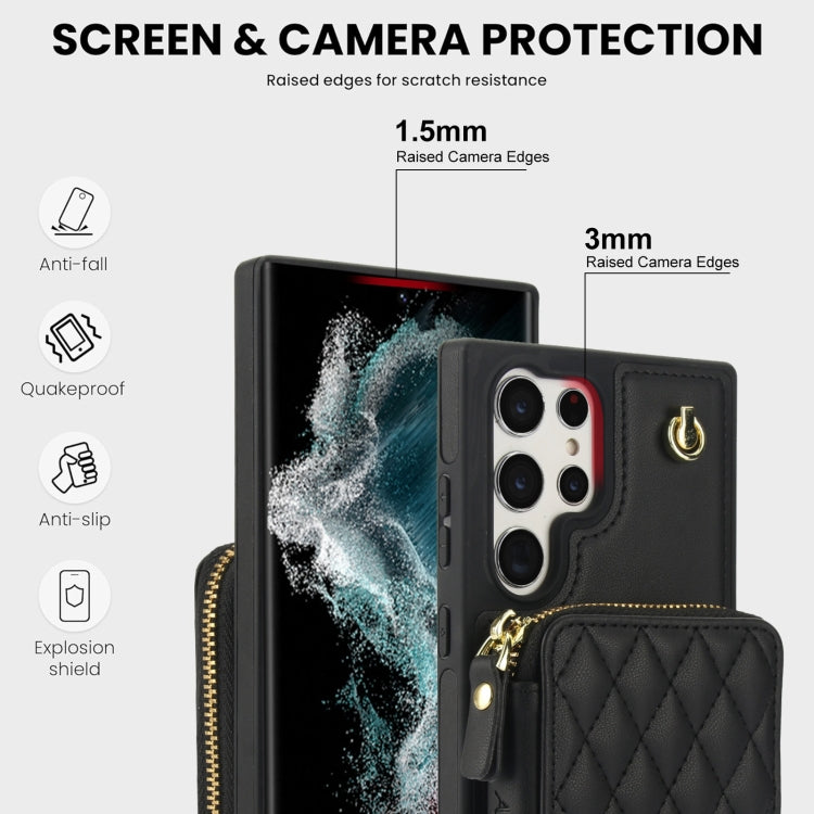 For Samsung Galaxy S22 Ultra 5G AwQuer Crossbody Zipper Wallet Rhombic Leather Back Phone Case(Black)