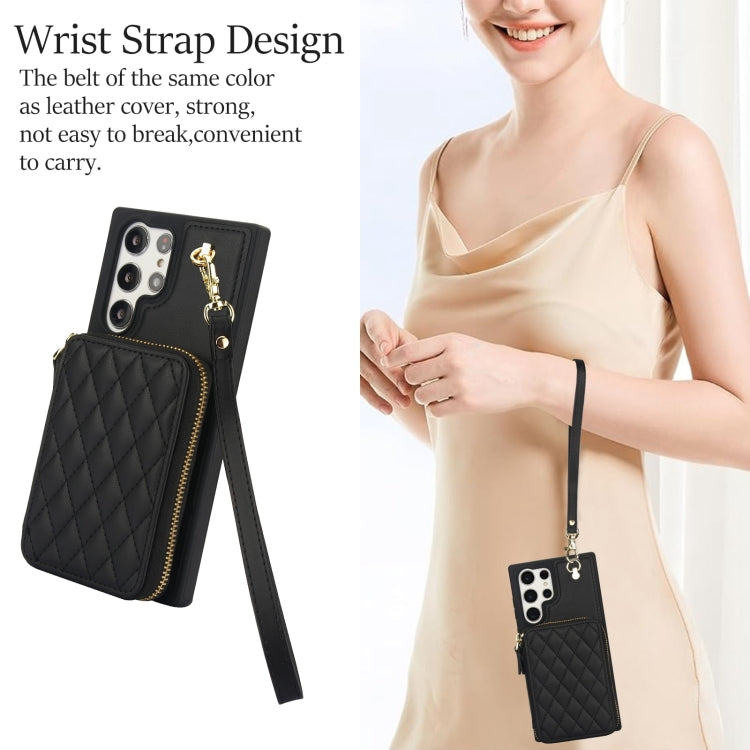 For Samsung Galaxy S22 Ultra 5G AwQuer Crossbody Zipper Wallet Rhombic Leather Back Phone Case(Black)