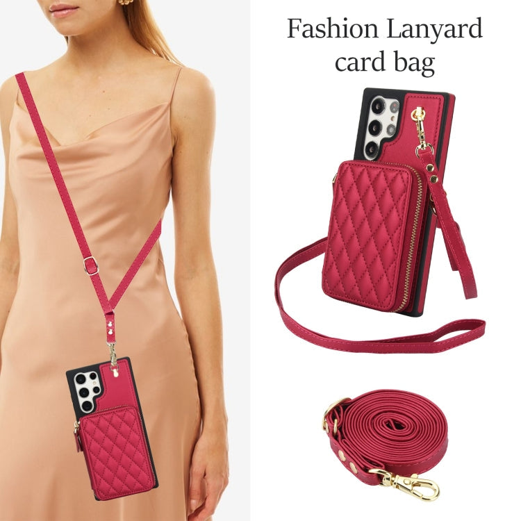 For Samsung Galaxy S22 Ultra 5G AwQuer Crossbody Zipper Wallet Rhombic Leather Back Phone Case(Red)