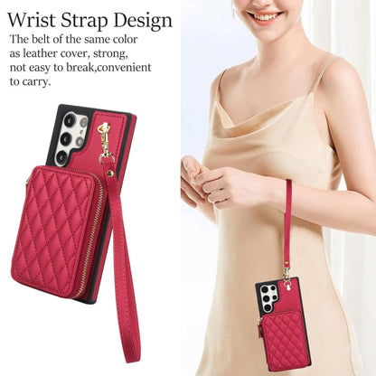 For Samsung Galaxy S22 Ultra 5G AwQuer Crossbody Zipper Wallet Rhombic Leather Back Phone Case(Red)