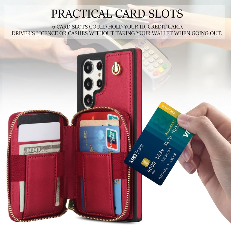 For Samsung Galaxy S22 Ultra 5G AwQuer Crossbody Zipper Wallet Rhombic Leather Back Phone Case(Red)