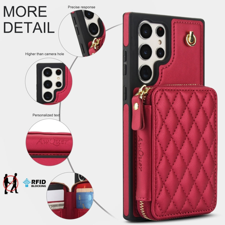 For Samsung Galaxy S22 Ultra 5G AwQuer Crossbody Zipper Wallet Rhombic Leather Back Phone Case(Red)