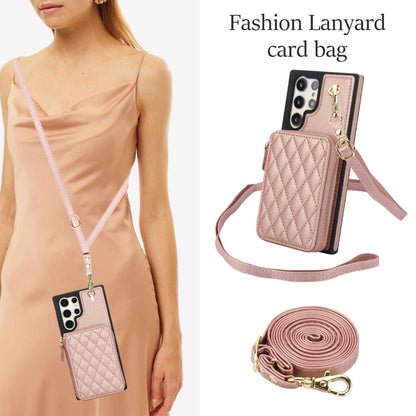 For Samsung Galaxy S22 Ultra 5G AwQuer Crossbody Zipper Wallet Rhombic Leather Back Phone Case(Rose Gold)