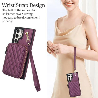 For Samsung Galaxy S22 Ultra 5G AwQuer Crossbody Zipper Wallet Rhombic Leather Back Phone Case(Dark Purple)