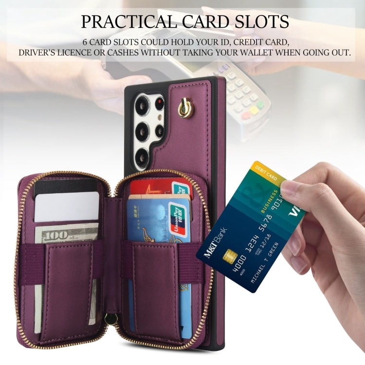 For Samsung Galaxy S22 Ultra 5G AwQuer Crossbody Zipper Wallet Rhombic Leather Back Phone Case(Dark Purple)