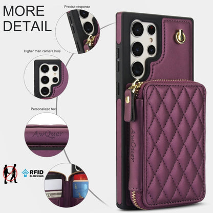 For Samsung Galaxy S22 Ultra 5G AwQuer Crossbody Zipper Wallet Rhombic Leather Back Phone Case(Dark Purple)