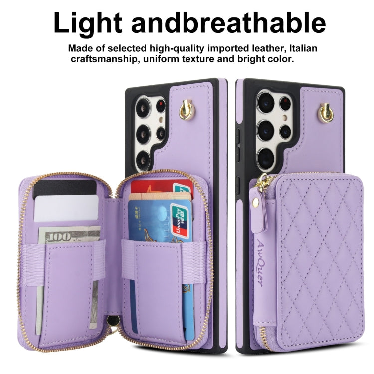 For Samsung Galaxy S22 Ultra 5G AwQuer Crossbody Zipper Wallet Rhombic Leather Back Phone Case(Purple)