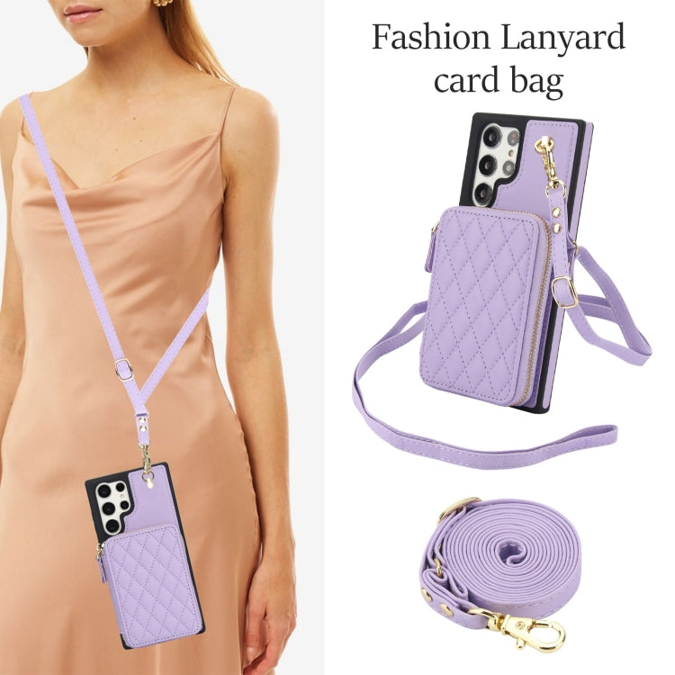 For Samsung Galaxy S22 Ultra 5G AwQuer Crossbody Zipper Wallet Rhombic Leather Back Phone Case(Purple)