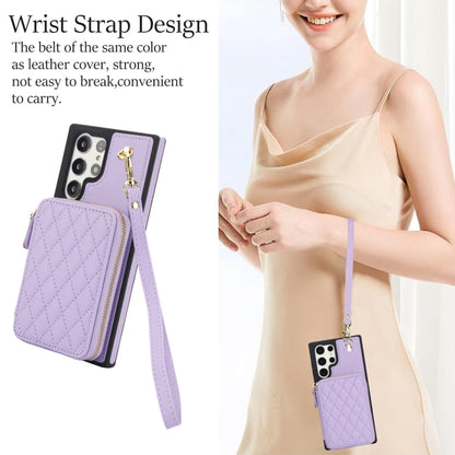 For Samsung Galaxy S22 Ultra 5G AwQuer Crossbody Zipper Wallet Rhombic Leather Back Phone Case(Purple)
