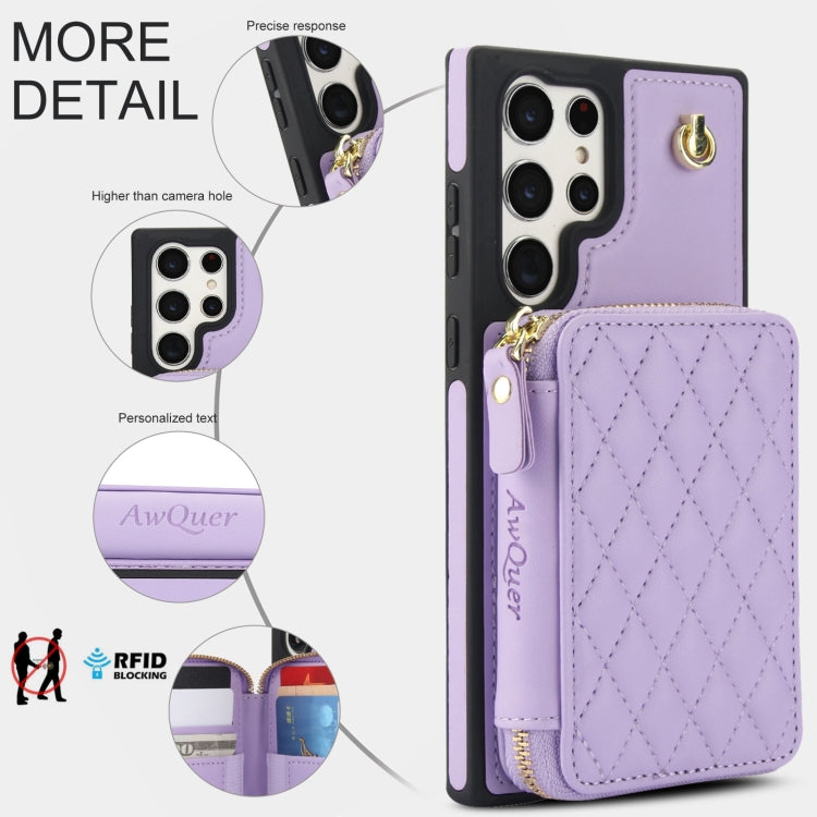 For Samsung Galaxy S22 Ultra 5G AwQuer Crossbody Zipper Wallet Rhombic Leather Back Phone Case(Purple)