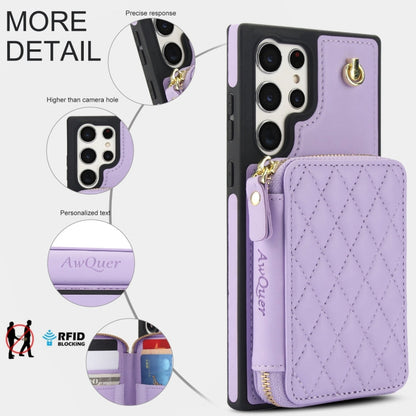 For Samsung Galaxy S22 Ultra 5G AwQuer Crossbody Zipper Wallet Rhombic Leather Back Phone Case(Purple)