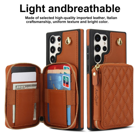 For Samsung Galaxy S22 Ultra 5G AwQuer Crossbody Zipper Wallet Rhombic Leather Back Phone Case(Brown)