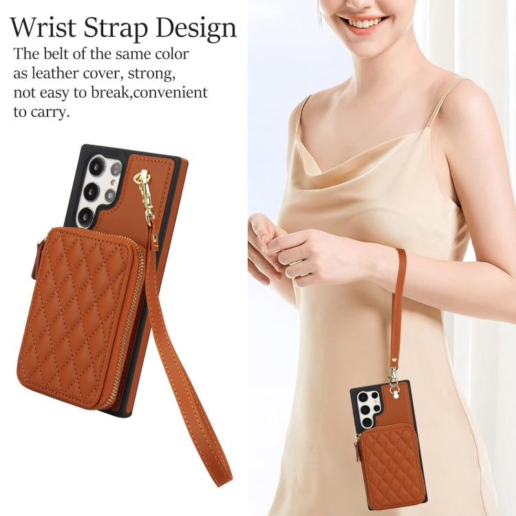 For Samsung Galaxy S22 Ultra 5G AwQuer Crossbody Zipper Wallet Rhombic Leather Back Phone Case(Brown)