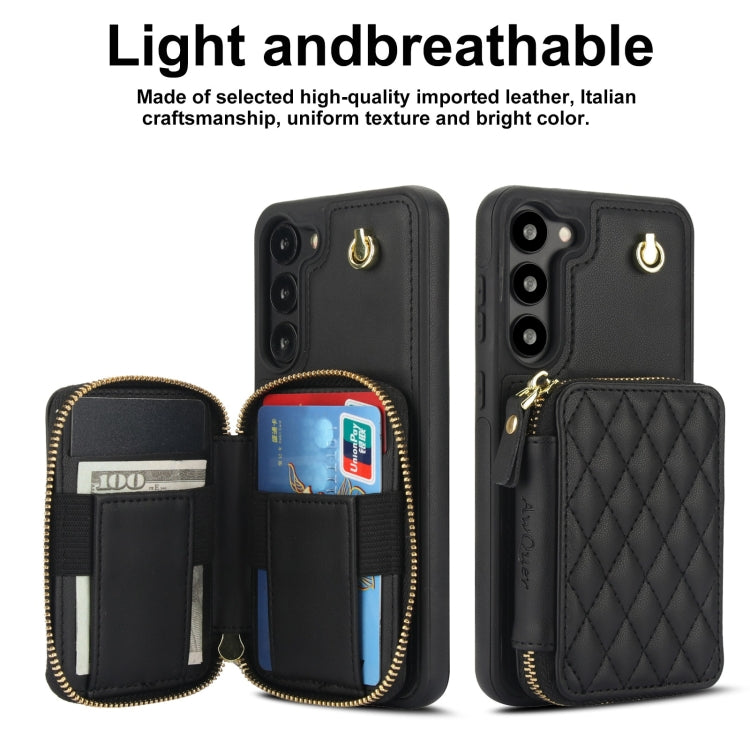 For Samsung Galaxy S23 5G AwQuer Crossbody Zipper Wallet Rhombic Leather Back Phone Case(Black)