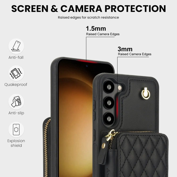 For Samsung Galaxy S23 5G AwQuer Crossbody Zipper Wallet Rhombic Leather Back Phone Case(Black)