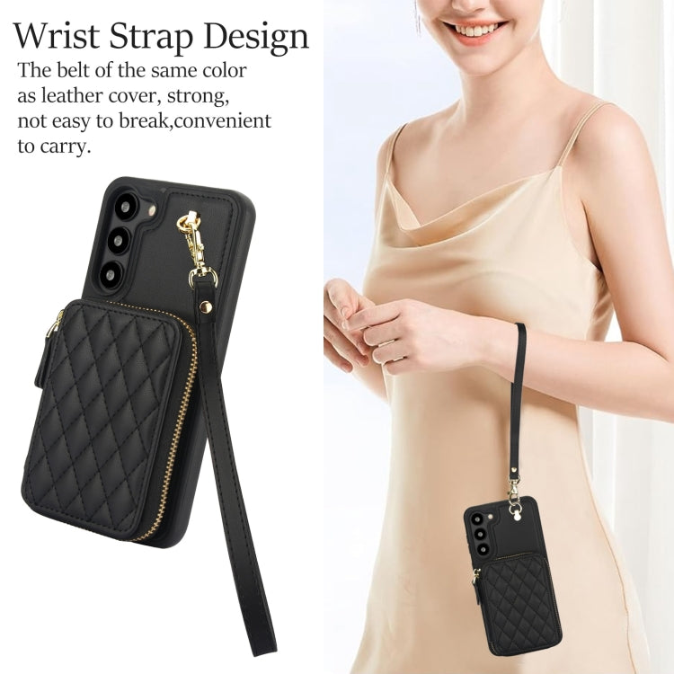 For Samsung Galaxy S23 5G AwQuer Crossbody Zipper Wallet Rhombic Leather Back Phone Case(Black)
