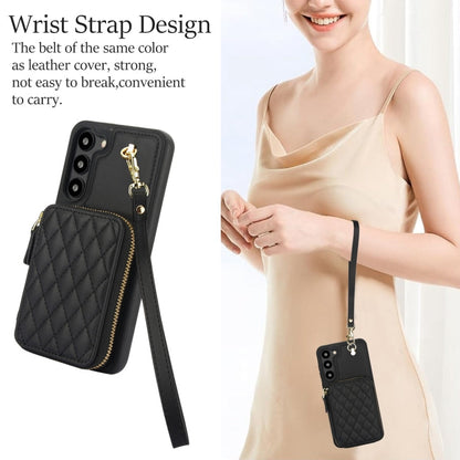 For Samsung Galaxy S23 5G AwQuer Crossbody Zipper Wallet Rhombic Leather Back Phone Case(Black)