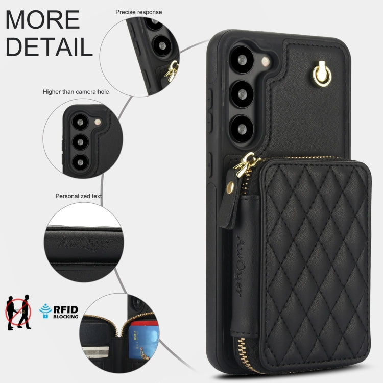 For Samsung Galaxy S23 5G AwQuer Crossbody Zipper Wallet Rhombic Leather Back Phone Case(Black)
