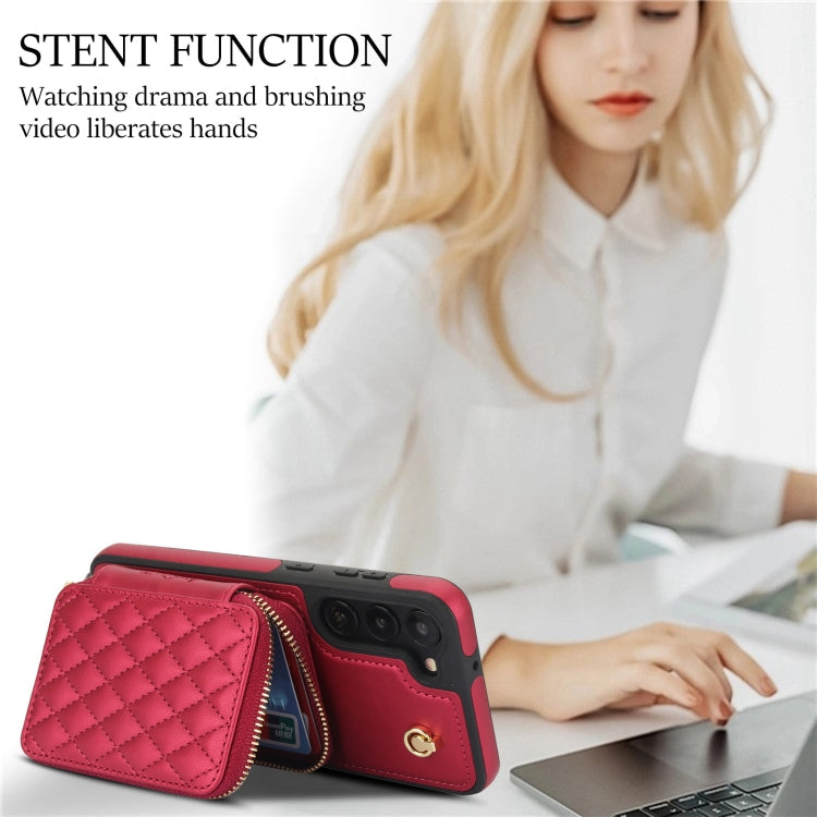 For Samsung Galaxy S23 5G AwQuer Crossbody Zipper Wallet Rhombic Leather Back Phone Case(Red)