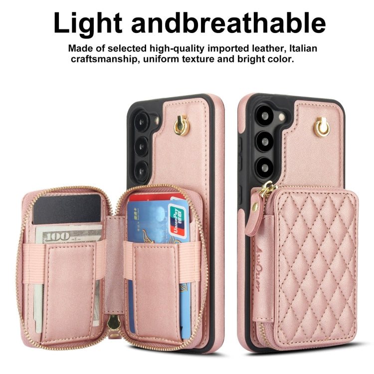 For Samsung Galaxy S23 5G AwQuer Crossbody Zipper Wallet Rhombic Leather Back Phone Case(Rose Gold)