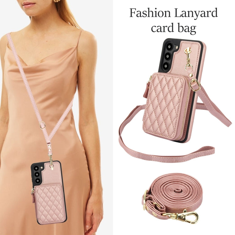 For Samsung Galaxy S23 5G AwQuer Crossbody Zipper Wallet Rhombic Leather Back Phone Case(Rose Gold)