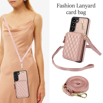 For Samsung Galaxy S23 5G AwQuer Crossbody Zipper Wallet Rhombic Leather Back Phone Case(Rose Gold)