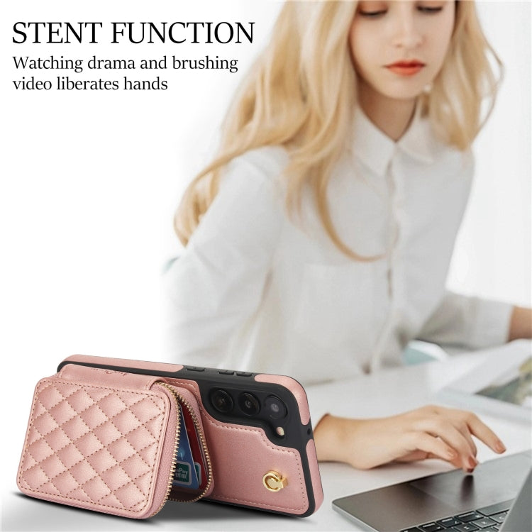 For Samsung Galaxy S23 5G AwQuer Crossbody Zipper Wallet Rhombic Leather Back Phone Case(Rose Gold)