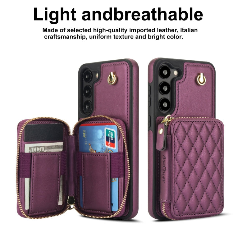 For Samsung Galaxy S23 5G AwQuer Crossbody Zipper Wallet Rhombic Leather Back Phone Case(Dark Purple)