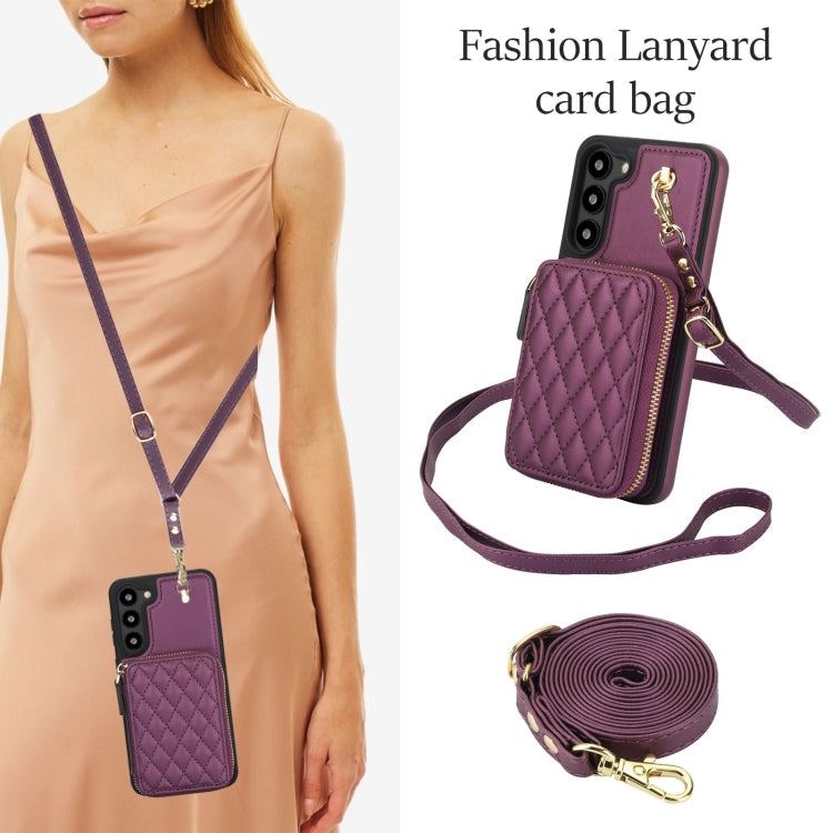 For Samsung Galaxy S23 5G AwQuer Crossbody Zipper Wallet Rhombic Leather Back Phone Case(Dark Purple)