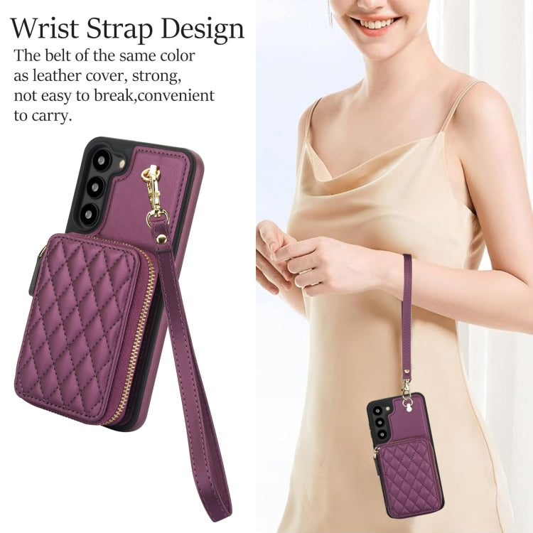 For Samsung Galaxy S23 5G AwQuer Crossbody Zipper Wallet Rhombic Leather Back Phone Case(Dark Purple)