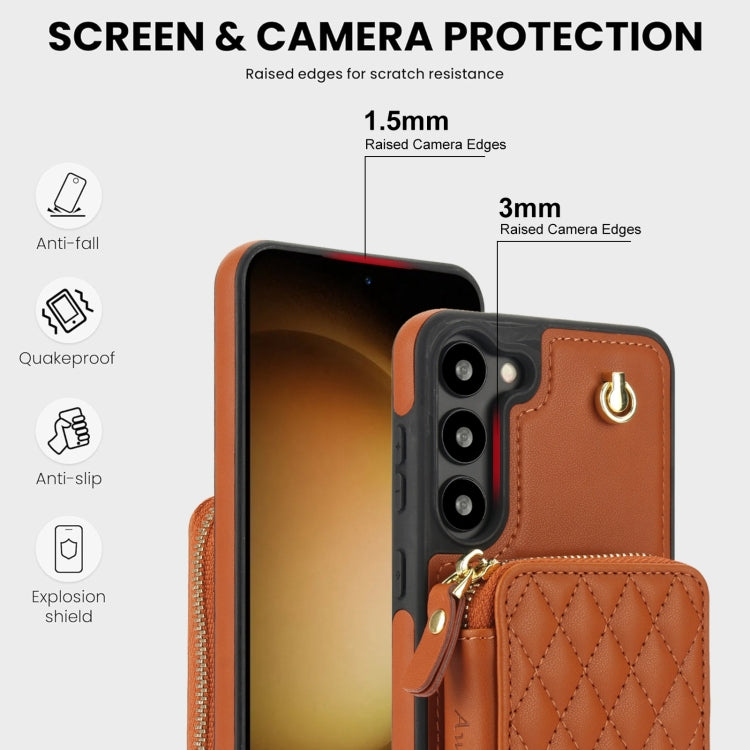 For Samsung Galaxy S23 5G AwQuer Crossbody Zipper Wallet Rhombic Leather Back Phone Case(Brown)