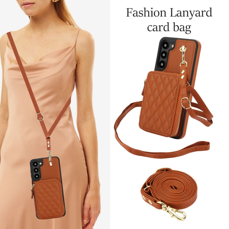 For Samsung Galaxy S23 5G AwQuer Crossbody Zipper Wallet Rhombic Leather Back Phone Case(Brown)
