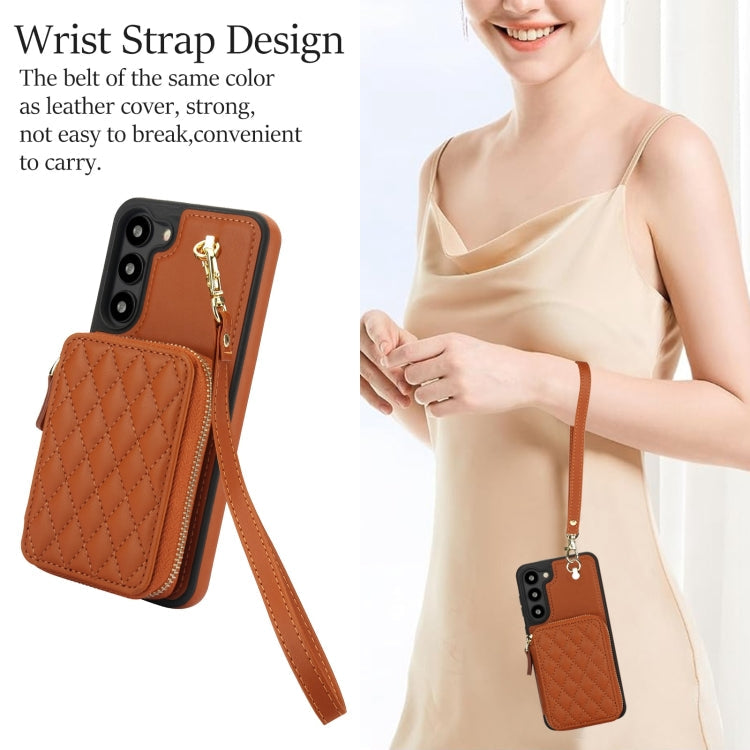 For Samsung Galaxy S23 5G AwQuer Crossbody Zipper Wallet Rhombic Leather Back Phone Case(Brown)