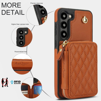 For Samsung Galaxy S23 5G AwQuer Crossbody Zipper Wallet Rhombic Leather Back Phone Case(Brown)
