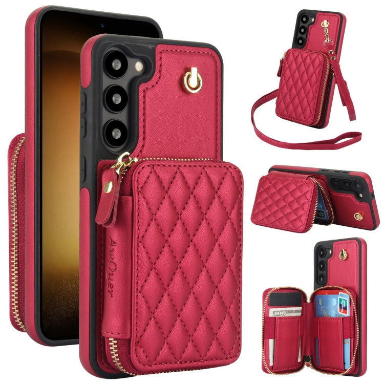 Pour Samsung Galaxy S23+ 5G AwQuer Étui portefeuille à bandoulière zippé en cuir losangé (rouge)