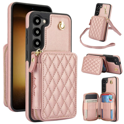 For Samsung Galaxy S23+ 5G AwQuer Crossbody Zipper Wallet Rhombic Leather Back Phone Case(Rose Gold)