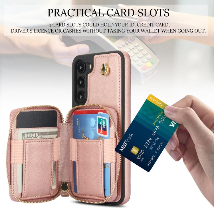 For Samsung Galaxy S23+ 5G AwQuer Crossbody Zipper Wallet Rhombic Leather Back Phone Case(Rose Gold)