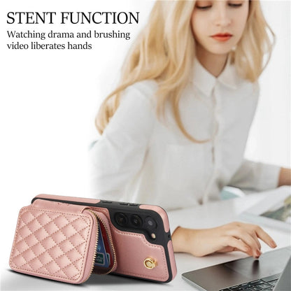 For Samsung Galaxy S23+ 5G AwQuer Crossbody Zipper Wallet Rhombic Leather Back Phone Case(Rose Gold)