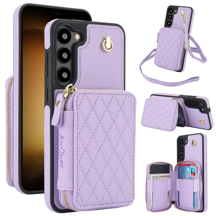 For Samsung Galaxy S23+ 5G AwQuer Crossbody Zipper Wallet Rhombic Leather Back Phone Case(Purple)