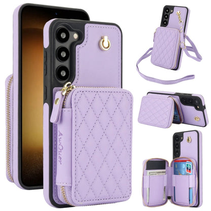 For Samsung Galaxy S23+ 5G AwQuer Crossbody Zipper Wallet Rhombic Leather Back Phone Case(Purple)