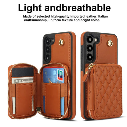 For Samsung Galaxy S23+ 5G AwQuer Crossbody Zipper Wallet Rhombic Leather Back Phone Case(Brown)
