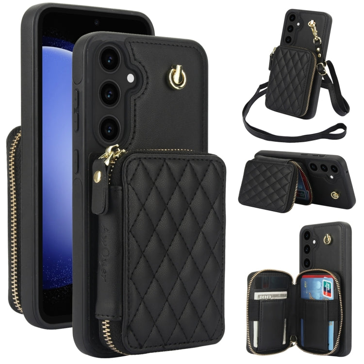 Pour Samsung Galaxy S23 FE 5G Étui de téléphone arrière en cuir losange à fermeture éclair AwQuer Crossbody (Noir)