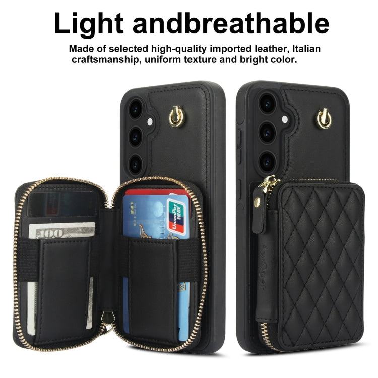 Pour Samsung Galaxy S23 FE 5G Étui de téléphone arrière en cuir losange à fermeture éclair AwQuer Crossbody (Noir)