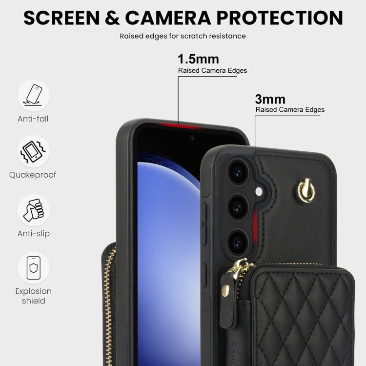 Pour Samsung Galaxy S23 FE 5G Étui de téléphone arrière en cuir losange à fermeture éclair AwQuer Crossbody (Noir)