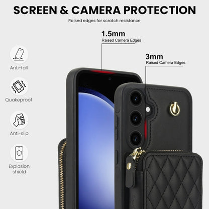 Pour Samsung Galaxy S23 FE 5G Étui de téléphone arrière en cuir losange à fermeture éclair AwQuer Crossbody (Noir)