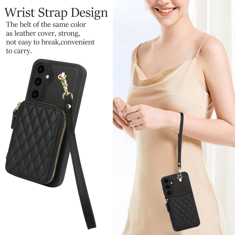 Pour Samsung Galaxy S23 FE 5G Étui de téléphone arrière en cuir losange à fermeture éclair AwQuer Crossbody (Noir)